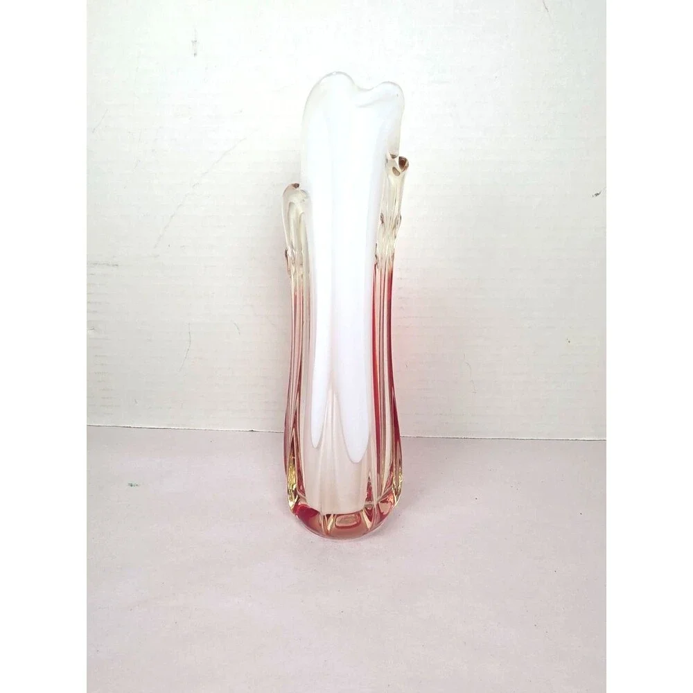 Vintage Murano Style Red Clear White Art Glass Bud Vase 9